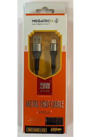 Megatech 3.1a 20w 1mt Örgülü Hasır A Serisi Usb To Typ-c Data Kablosu Gri-siyah