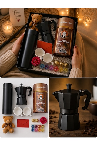 Moka Pot 3 Fincan + Dijital Isı Göstergeli Çelik Termos + Dibek Kahvesi + 6 Lı Mum Kahve Hediye Seti Kadın/ Erkek