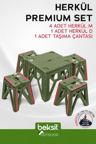 Outdoor Herkül Premium Katlanır Kamp Masa Takımı Seti - Haki Yeşil Çantalı Yeşil Yeşil