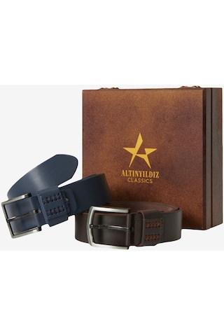 AC&Co / Altınyıldız Classics Erkek Lacivert-kahverengi Özel Ahşap Kutulu 2'li Kot Kemeri Seti Damat Bohçası Lacivert - Kahverengi