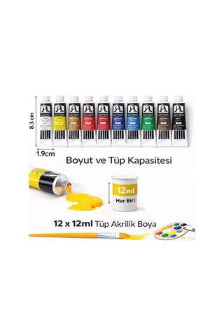 Mona Lisa 12 Renk Akrilik Tüp Boya Seti 12x12 Ml Profesyonel Akrilik Boya Tüp Set Tuval, Ahşap, Taş, Seramik Renkli