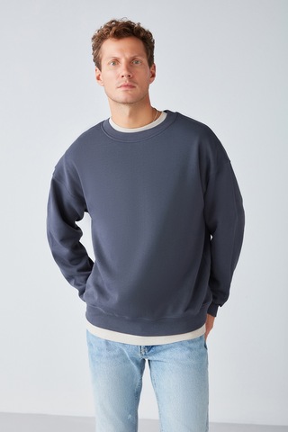 Grımelange Stephan Erkek Yumuşacık Kumaşlı Organik Pamuklu Oversize Fit Yuvarlak Yakalı Antrasit Sweatshirt