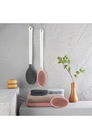 Silikon Masajlı Uzun Saplı Vücut Masaj Fırçası Banyo Sırt Kesesi Saplı Yumuşak Fırça K0