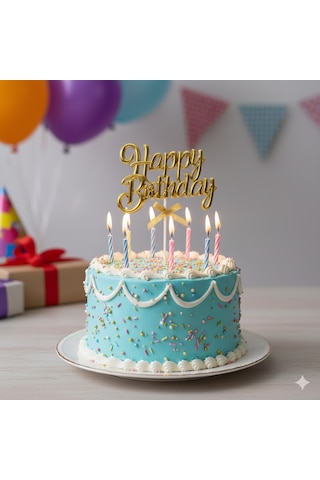 Happy Birthday Pasta Süsü Krom Yazı Kürdanlı Gold Dekoratif Pasta Üstü +3