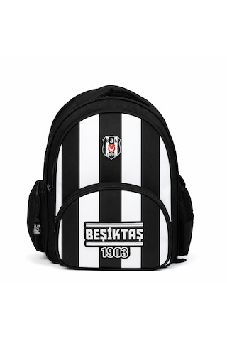 Beşiktaş Lisanslı 3 Bölmeli Çubuklu Desen Okul Çantası - Rubber Logolu Su İtici Kumaşlı Sırt Çantası Siyah - Beyaz