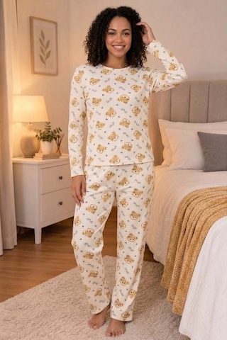 Kadın Pamuklu Desenli Kaşkorse Pijama Takımı Açık Bej