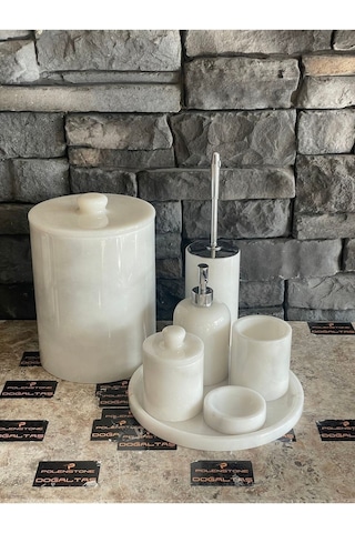 Yeni Beyaz Mermer Kulplu 7'li Banyo Seti Büyük Çöp Kovalı 25x20 Beyaz