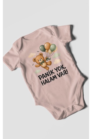 Morivokids Panik Yok, Halam Var Kısa Kollu Bebek Body %100 Pamuk Pastel Pembe