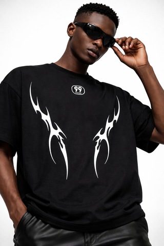Yolo Street Oversize Unisex Tişört %100 Pamuk Tribal Baskı Streetwear Siyah/beyaz Siyahgokce