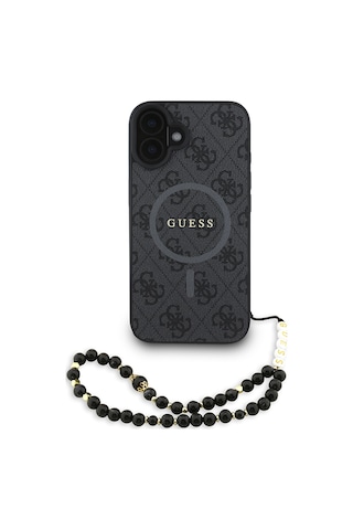 Apple Uyumlu iPhone 16 Plus Kılıf Guess Lisanslı M-safe Bilek Askı İpli Yazı Logolu Kapak Siyah