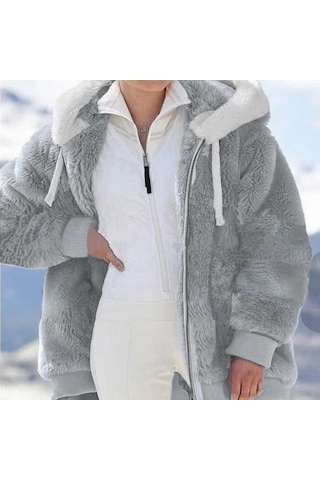 Avrupa Ve Amerika Birleşik Devletleri 2022 Sonbahar Ve Kış Sıcak Peluş Ve Fermuar Cep Kapşonlu Gevşek Ceket Kadın Ceket Açık Gri