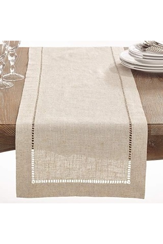 Saro Lıfestyle Polyester Ve Keten Karışımı Hemstitch Kenarlı Masa Örtüsü, Doğal, 40,64 Cm X 304,8 Cm Acı Kahverengi
