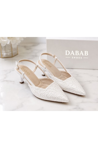 Dabab Shoes Julıe Kadın Beyaz Dantel Dokulu Sivri Burun 5 Cm Topuklu Slingback Ayakkabı