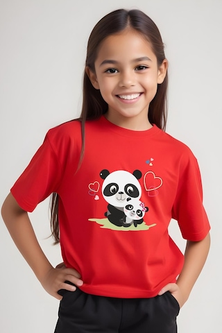 Panios Kids Mother Panda Baskılı Kız Çocuk Kısa Kollu T-shirt Kırmızı