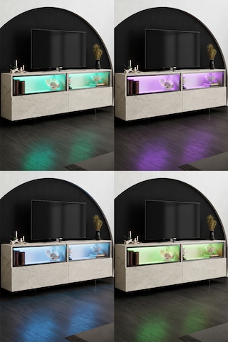 Ekol Siyah Demir Ayaklı Rgb Led Işık Sistemli Traverten Tv Ünitesi Tv Sehpası Traverten - Siyah