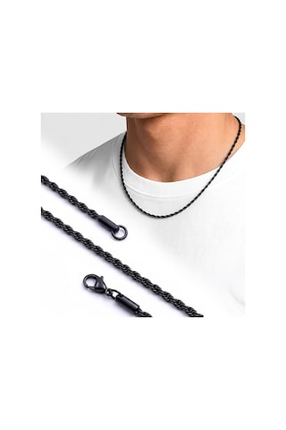 Premium Parlak Ve Şık Rope Halat Erkek 316l Çelik Kolye 2mm 55cm 3183eck047 - Siyah Renk