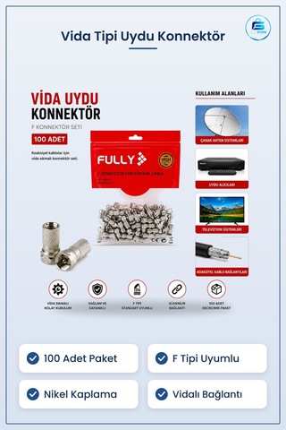 Vida Tipi Uydu Konnektör 100'lü F Koaksiyel Kablo Vidalı Seti Bağ