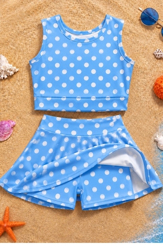 Esila Kids Kız Çocuk Puantiyeli Etekli Mayo Takımı Mavi