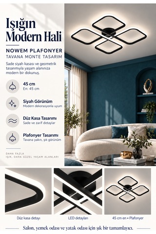Novem Büyük Plafonyer Modern Ledli Avize 3 Renk Power Ledli Siyah Kumandalı Yatak Odası Salon Mutfak
