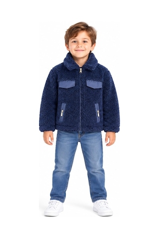 Mavi Boncukk Çocuk Unisex Peluş Welsoft Fermuarlı Kapüşonlu Ve Dik Yaka Polar Mont Ceket Lacivert