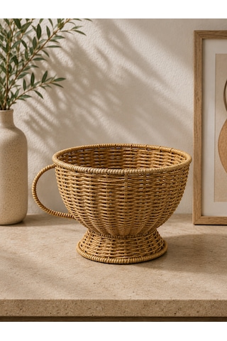 Hasır Rattan Fincan Model Sepet Düzenleyici Dekor Büyük Boy 16 20cm Açık Sarı