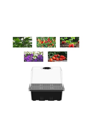 12 Delikli Yükseltilmiş Etli Kapaklı Sebze Fidesi Saksısı Siyah