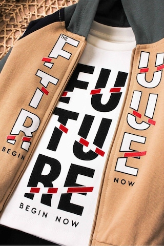 Future Baskılı Kapüşonlu Pamuk Bebek Takım 3 Lü Takım Hırka Sweatshirt Alt Bej