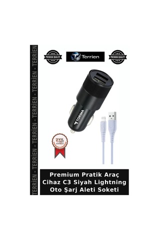 Premium Pratik Araç Cihaz C3 Siyah Lightning Oto Şarj Aleti Soketi