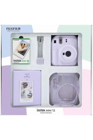 Fujifilm Instax Mini 12 Fotoğraf Makinesi + 10'lu Film + Simli Pleksi Kılıf + Pvc Albüm + Kıskaçlı Standı Lila