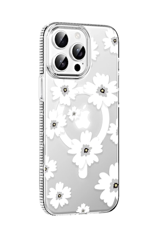 Durukar Apple, Uyumlu iPhone 15 Pro Floral Magsafe Kapak - Beyaz