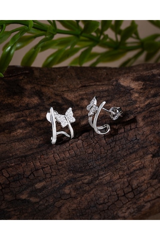 925 Ayar Rodyum Kelebek Motifli Piercing Görünümlü Çivili Gümüş Küpe Çift Kullanım Re10222