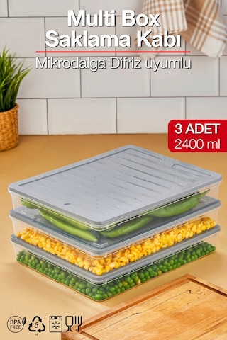 Multi Box 3 Lü Set Saklama Kabı Seti - Dondurucu & Mikrodalga Uyumlu Gri