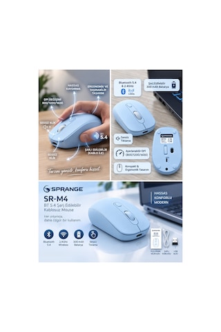 Sprange Sessiz Tık Şarj Edilebilir Kablosuz Mouse - Bluetooth 5.4 & 2.4ghz Çift Modlu Mouse Sr-m4 Mavi