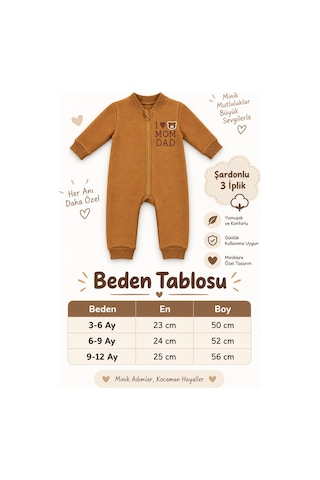Beniizle Baskılı Unisex 3 İplik Şardonlu Fermuarlı Bebek Tulum Kahverengi