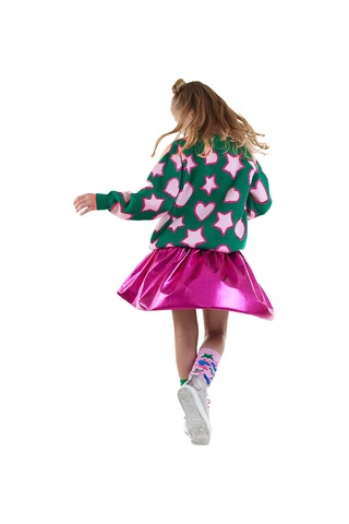 Denokids Yıldızlı Kalp Kız Çocuk Yeşil Triko Kazak Renkli