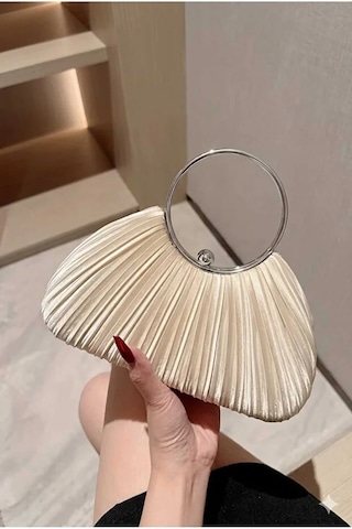 Zeyymoda Ten Saten Yeni Model Pilseli Abiye Kol Ve El Çantası İnci Taşlı Abiye Şık Çanta Gümüş Kasa Bej