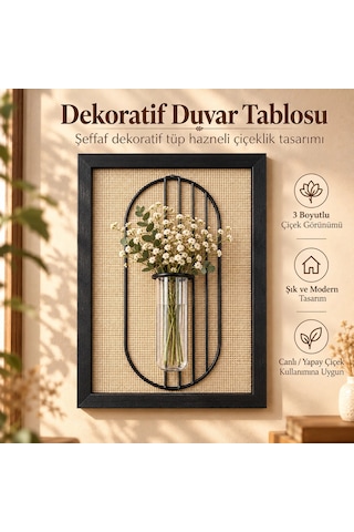 Siyah Ahşap Çerçeveli Hasır Zeminli Metal Detaylı Tüp Vazolu Dekoratif Duvar Tablosu - 21x30 Cm Çok Renkli