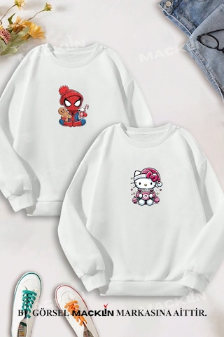 Macklin Sevgili Çift Kombin Spiderman Hello Kitty Yılbaşı Özel Baskılı Bisiklet Yaka Sweatshirt 2li Takım Beyaz Mck1555 Beyaz