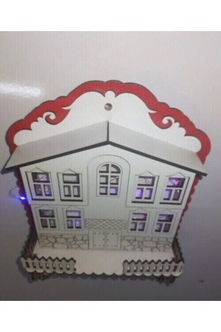 Işıklı Dekoratif Ahşap Ev Model Duvar Anahtarlık Askılık Beyaz - Kırmızı