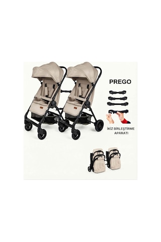 Prego İkiz Apartlı Birleşip Ayrılan Yan Yana İkiz Kabin Boy Bebek Arabası Bej1