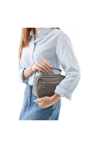 Vegan Deri Kadın Postacı Çanta 21 15 Cm Yıkama Suni Deri Omuz Çantası Çapraz Askılı Çanta Gri