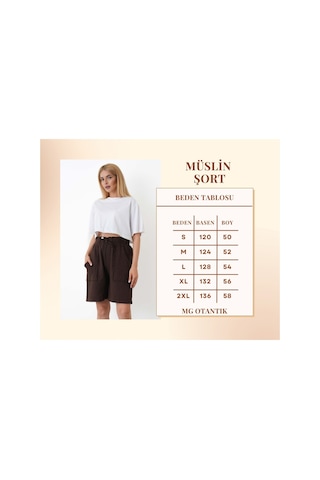 The Voler Müslin Şort Kadın Yüksek Bel Oversize Rahat Kesim Cepli %100 Pamuklu Yazlık Şort Kahverengi
