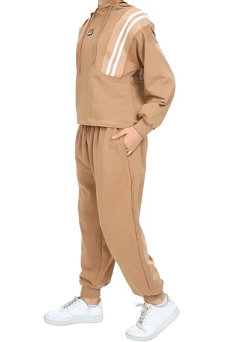 Kız Çocul Çizgi Şerit Detaylı Kapüşonlu Jogger Model Açık Kahverengi Renk Eşofman Takımı Açık Kahverengi