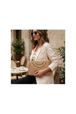 Trakyatrend Crunch Çanta El Yapımı Hasır Kağıt İp Püsküllü Clutch Hasır Rengi