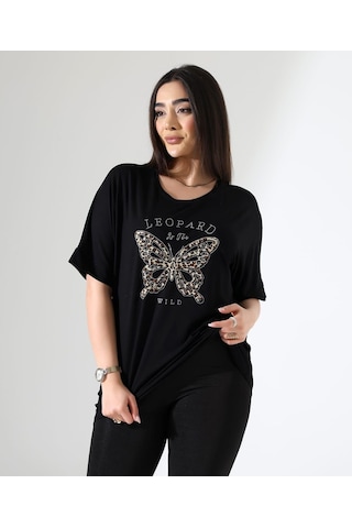 Elaxi Leopar Kelebek Desenli Bluz Siyah
