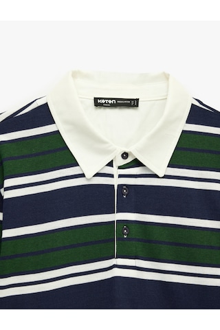 Koton Pamuklu Uzun Kollu Düğmeli Polo Yaka Çizgili Sweatshirt Yeşil Çizgili 6sam70050mk