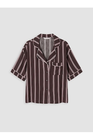 Lcw Dream Kahverengi Gömlek Yaka Çizgili Kadın Pijama Üst