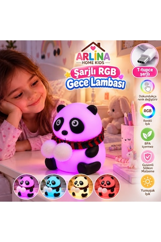 Sevimli Panda Gece Lambası Rgb Renk Değiştiren Dokunmatik Silikon Bebek Çocuk Odası Şarjlı Led Çok Renkli