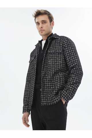Kip Siyah Kareli Regular Fit Dokuma Yün Karışımlı Overshırt Siyah