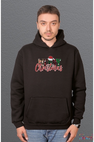 Bumeta Glitter Merry Christmas Noel Sweatshirt Unisex Kapüşonlu Hoodie Siyah